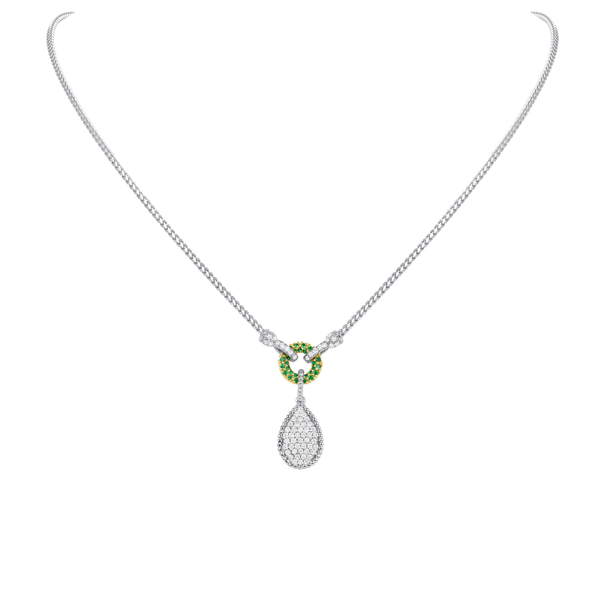 14K White Gold Pave Diamond & Emerald Tear-Drop Shape Drop Pendant - Abtin & Company 