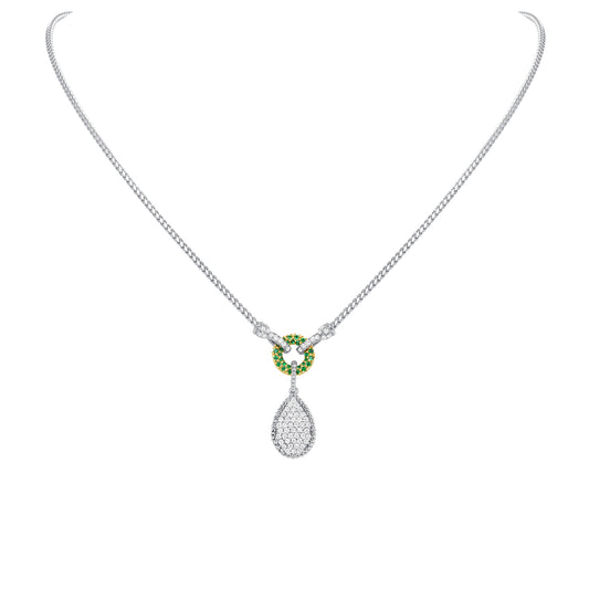 14K White Gold Pave Diamond & Emerald Tear-Drop Shape Drop Pendant - Abtin & Company 