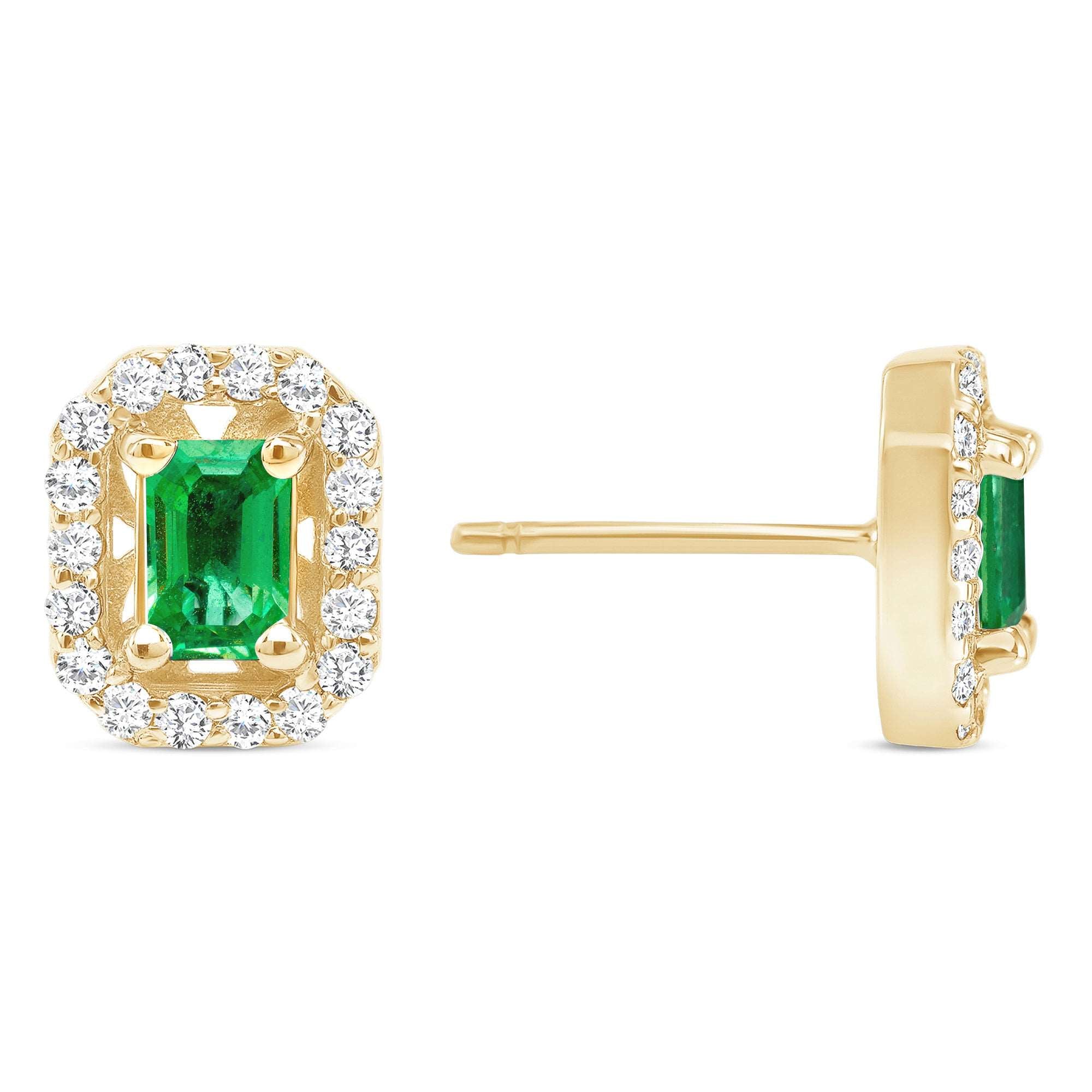 14K Gold Diamond & Emerald Halo Stud Earrings - Abtin & Company 