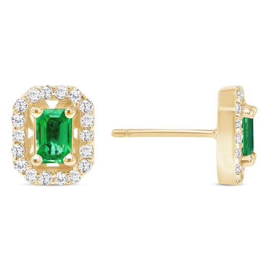 14K Gold Diamond & Emerald Halo Stud Earrings - Abtin & Company 