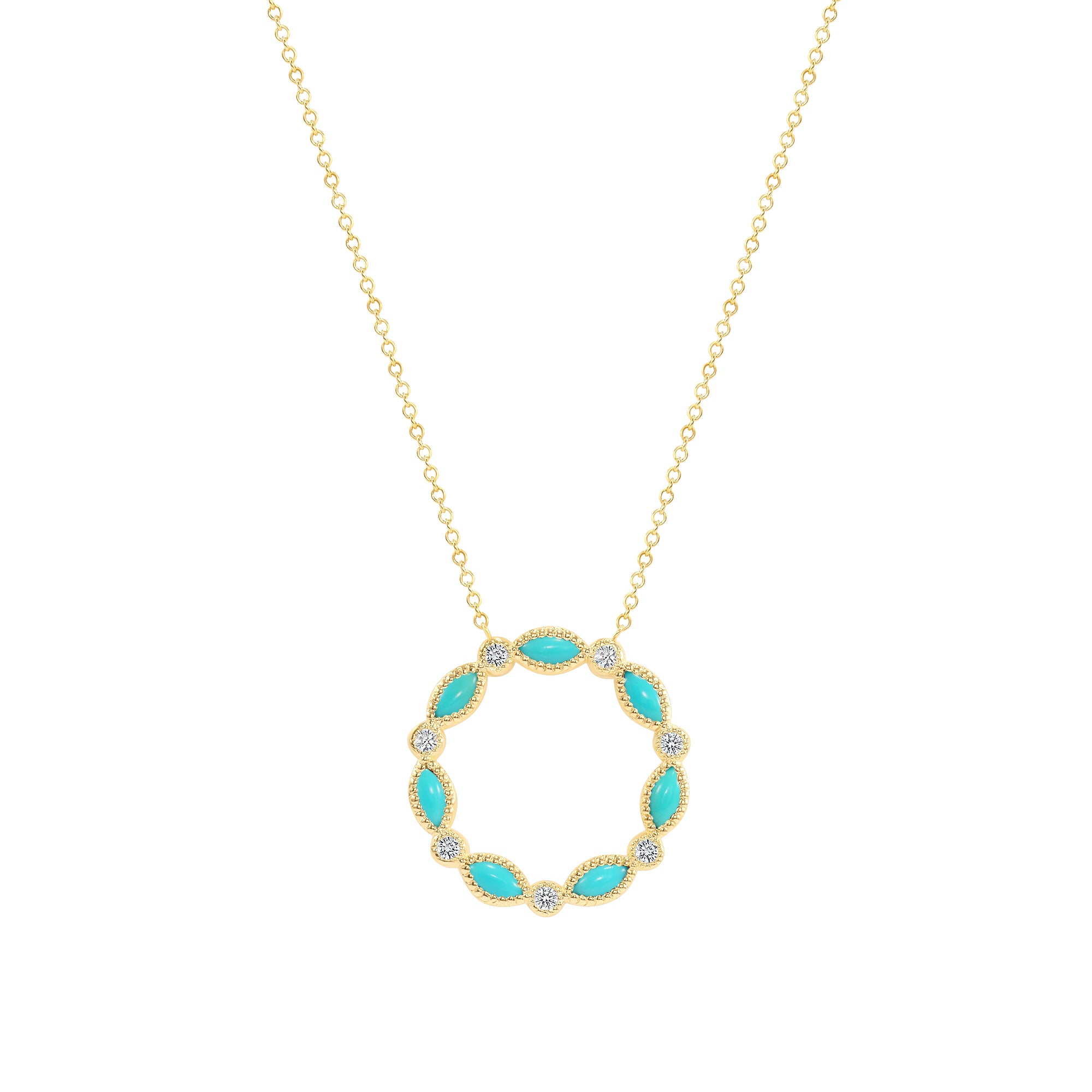 14K Gold Marquise Turquoise & Diamond Circle Pendant - Abtin & Company 