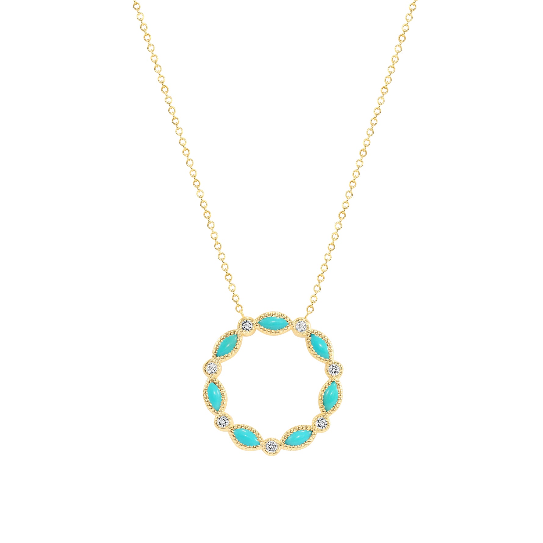 14K Gold Marquise Turquoise & Diamond Circle Pendant - Abtin & Company 