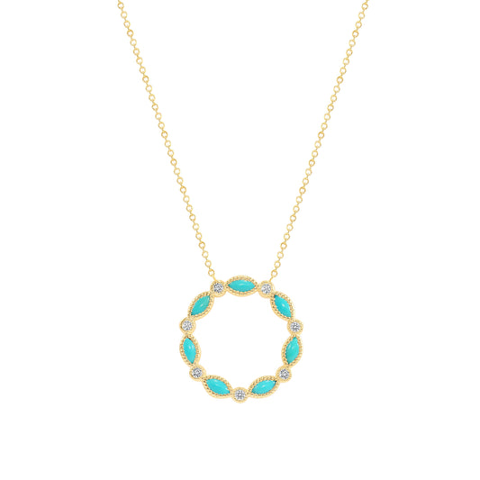 14K Gold Marquise Turquoise & Diamond Circle Pendant - Abtin & Company 
