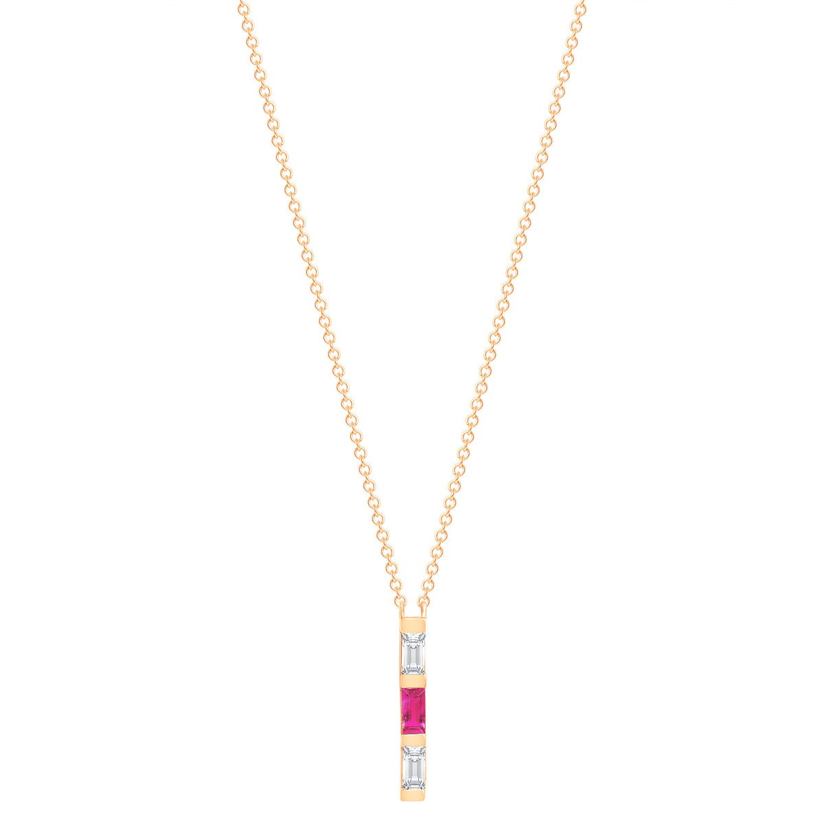 14K Rose Gold Baguette Pink Sapphire And Diamond Vertical Bar Pendant - Abtin & Company 