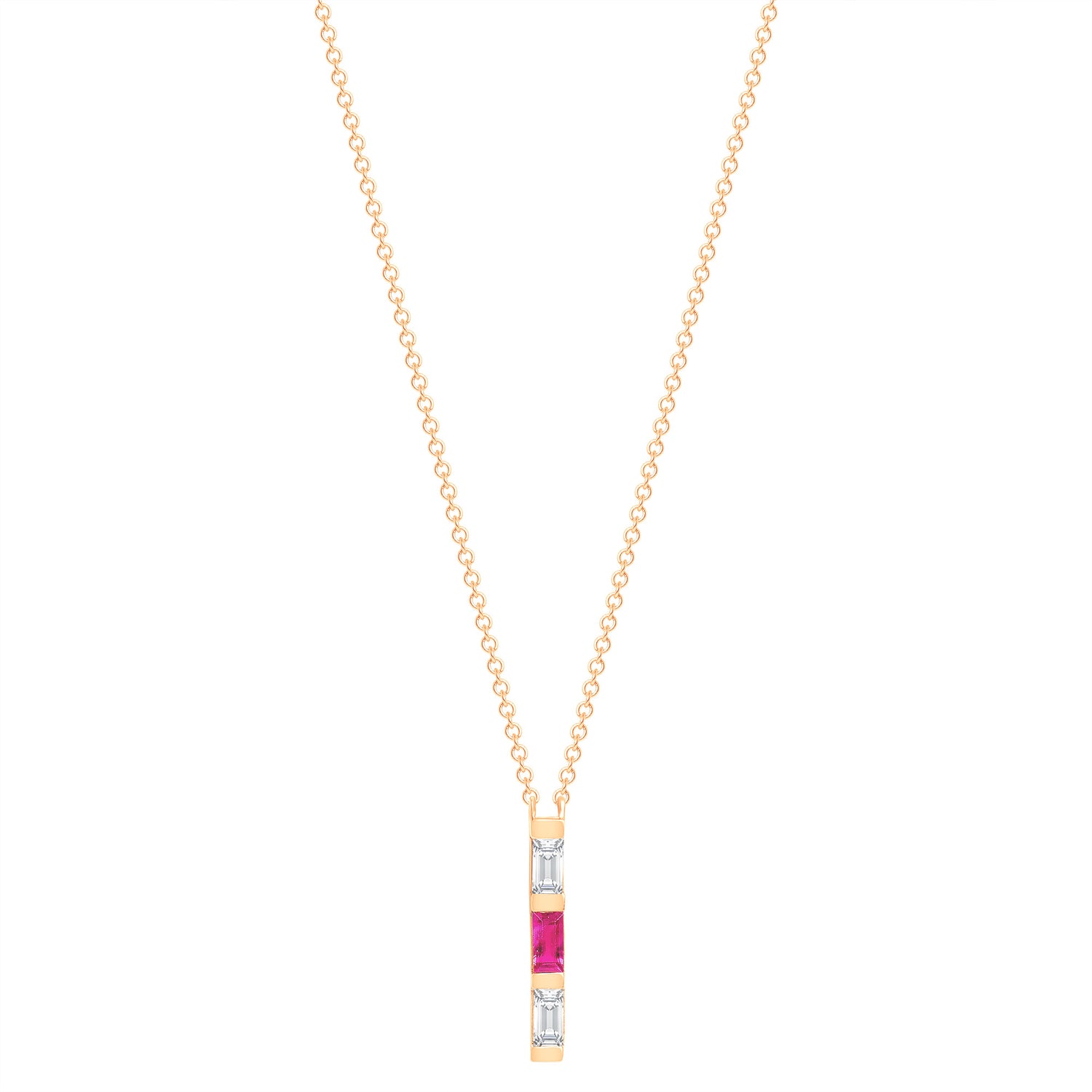 14K Rose Gold Baguette Pink Sapphire And Diamond Vertical Bar Pendant - Abtin & Company 