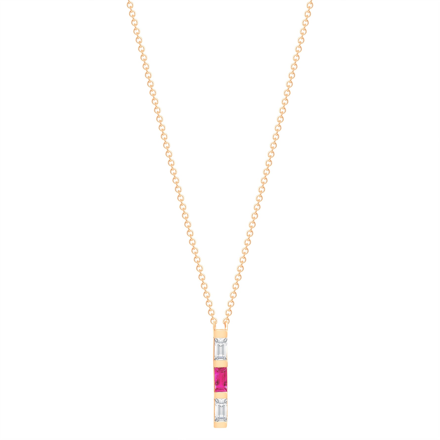 14K Rose Gold Baguette Pink Sapphire And Diamond Vertical Bar Pendant - Abtin & Company 