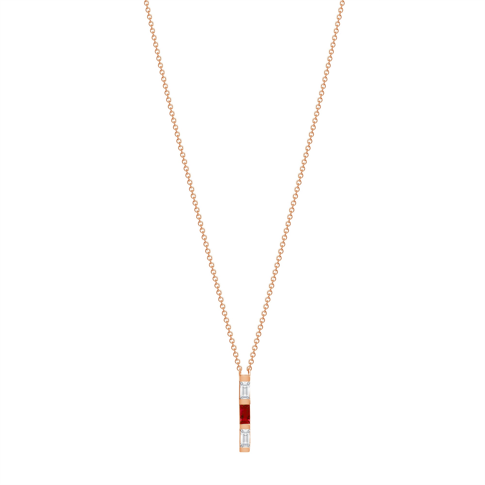 14K Rose Gold Baguette Ruby & Diamond Vertical Bar Pendant - Abtin & Company 