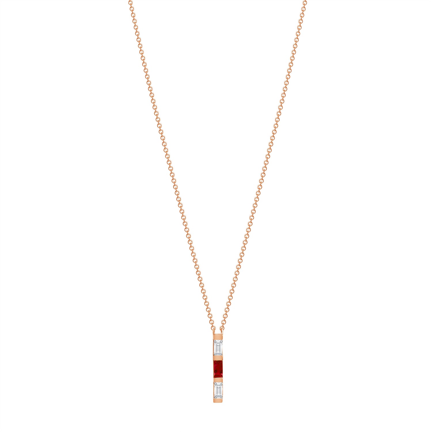 14K Rose Gold Baguette Ruby & Diamond Vertical Bar Pendant - Abtin & Company 