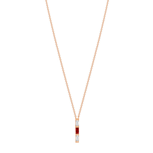14K Rose Gold Baguette Ruby & Diamond Vertical Bar Pendant - Abtin & Company 