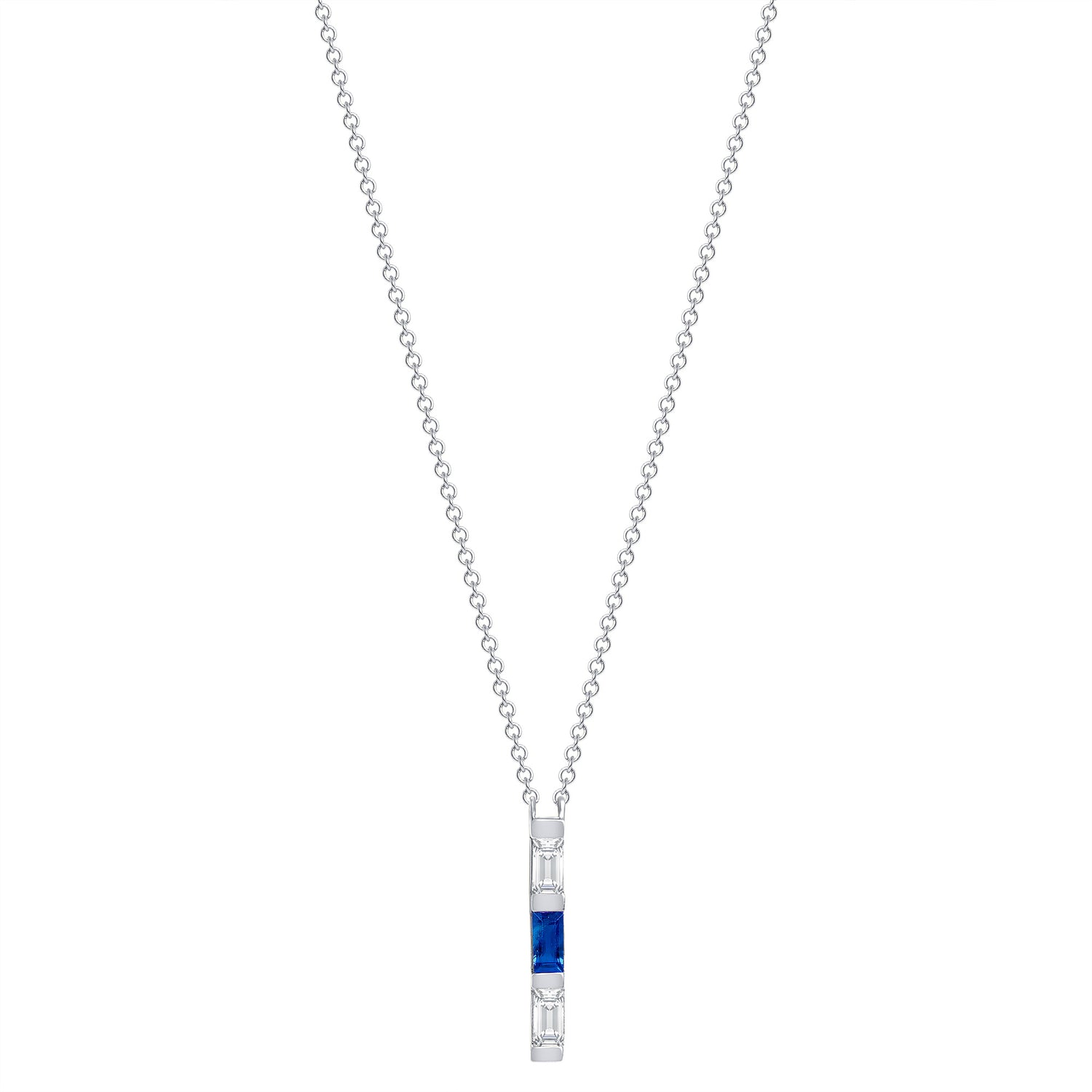 14K White Gold Baguette Blue Sapphire & Diamond Bar Pendant - Abtin & Company 