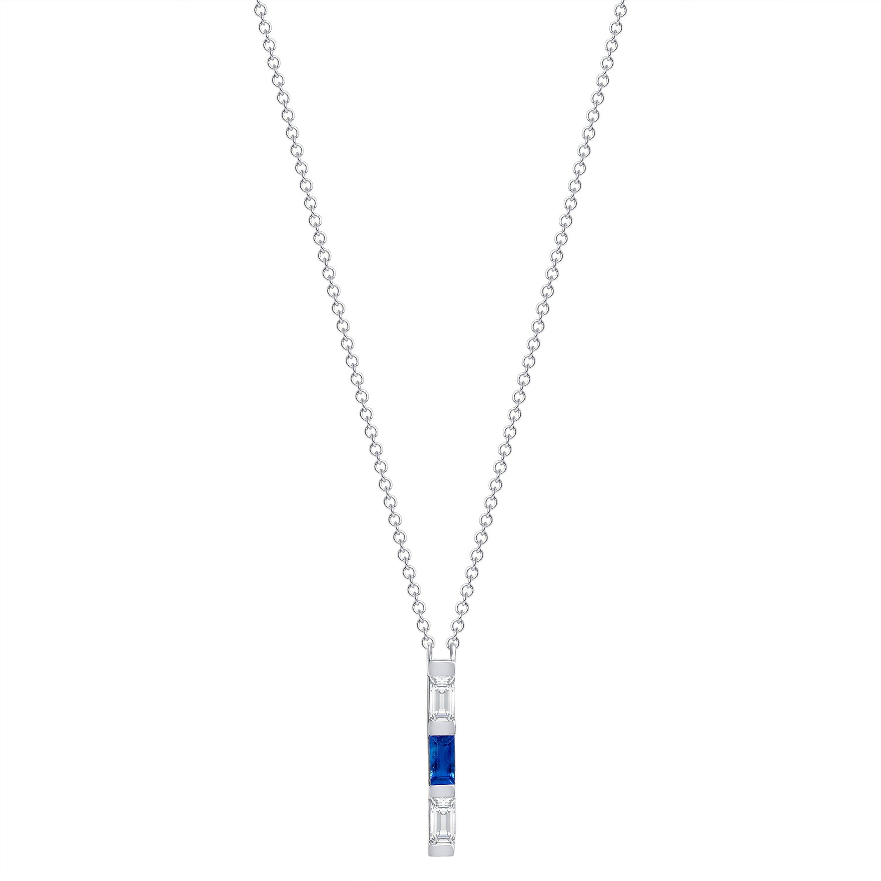 14K White Gold Baguette Blue Sapphire & Diamond Bar Pendant - Abtin & Company 