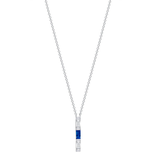 14K White Gold Baguette Blue Sapphire & Diamond Bar Pendant - Abtin & Company 