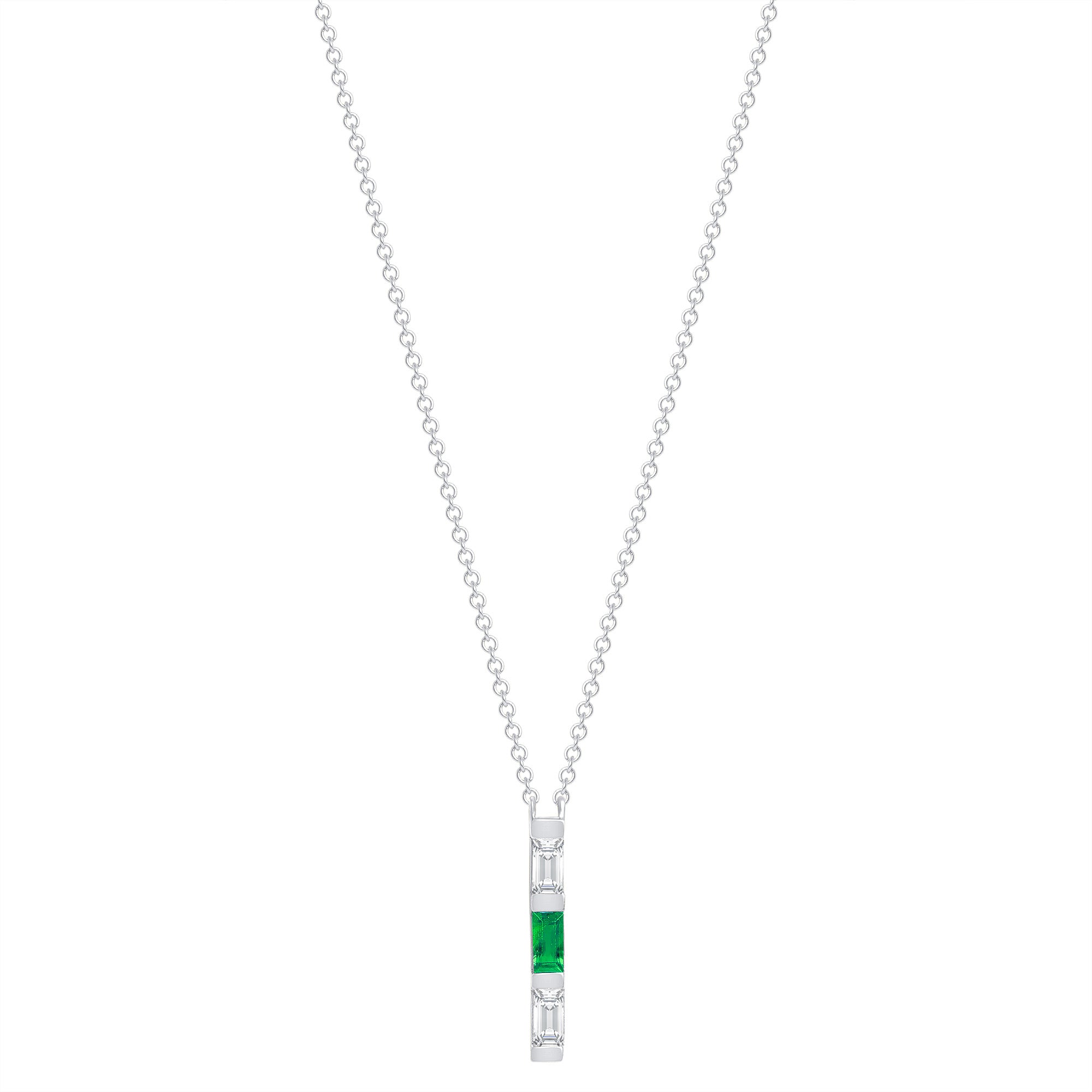 14K White Gold Baguette Emerald And Diamond Vertical Bar Pendant - Abtin & Company 