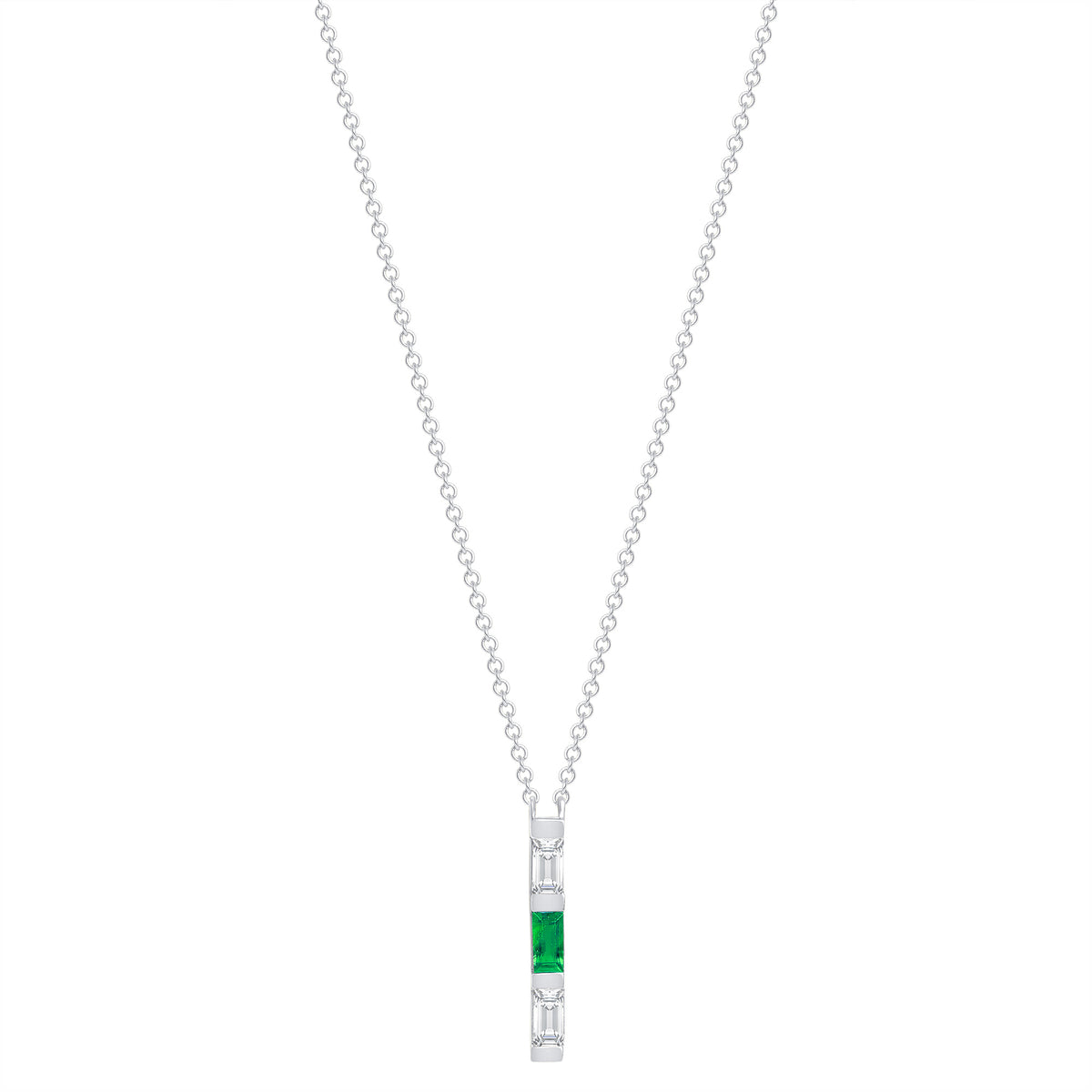 14K White Gold Baguette Emerald And Diamond Vertical Bar Pendant - Abtin & Company 