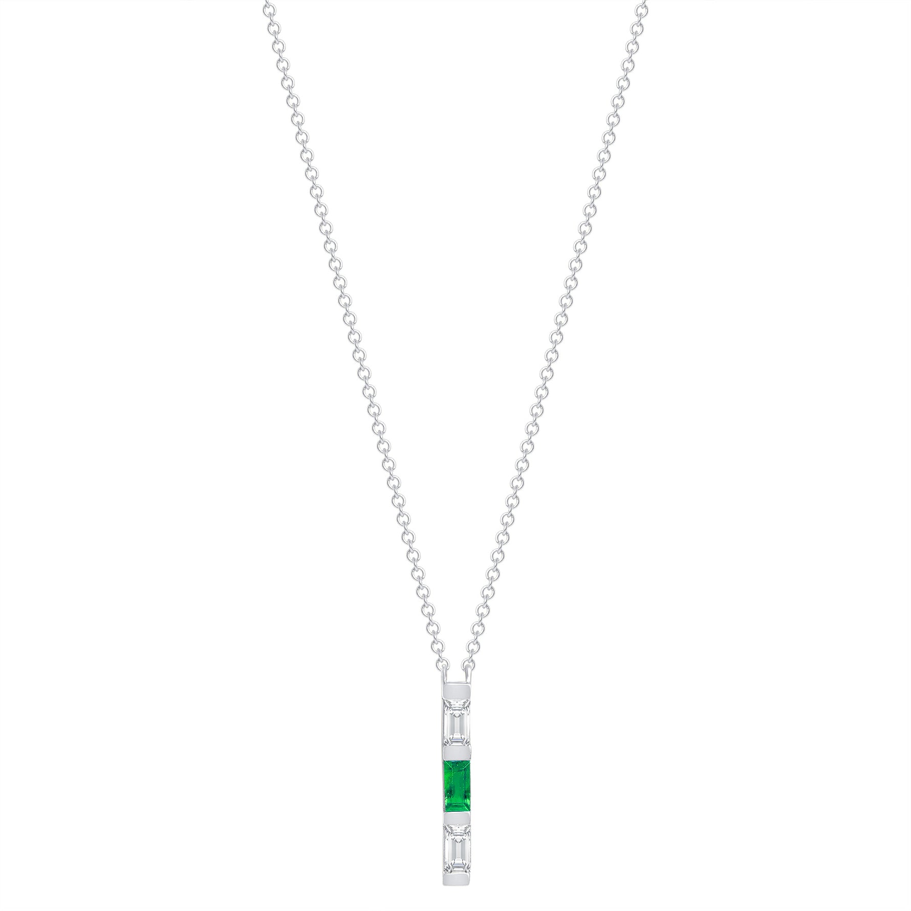 14K White Gold Baguette Emerald And Diamond Vertical Bar Pendant - Abtin & Company 
