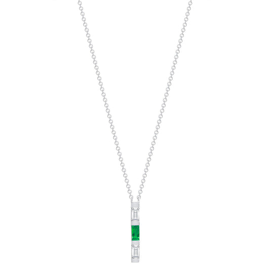 14K White Gold Baguette Emerald And Diamond Vertical Bar Pendant - Abtin & Company 