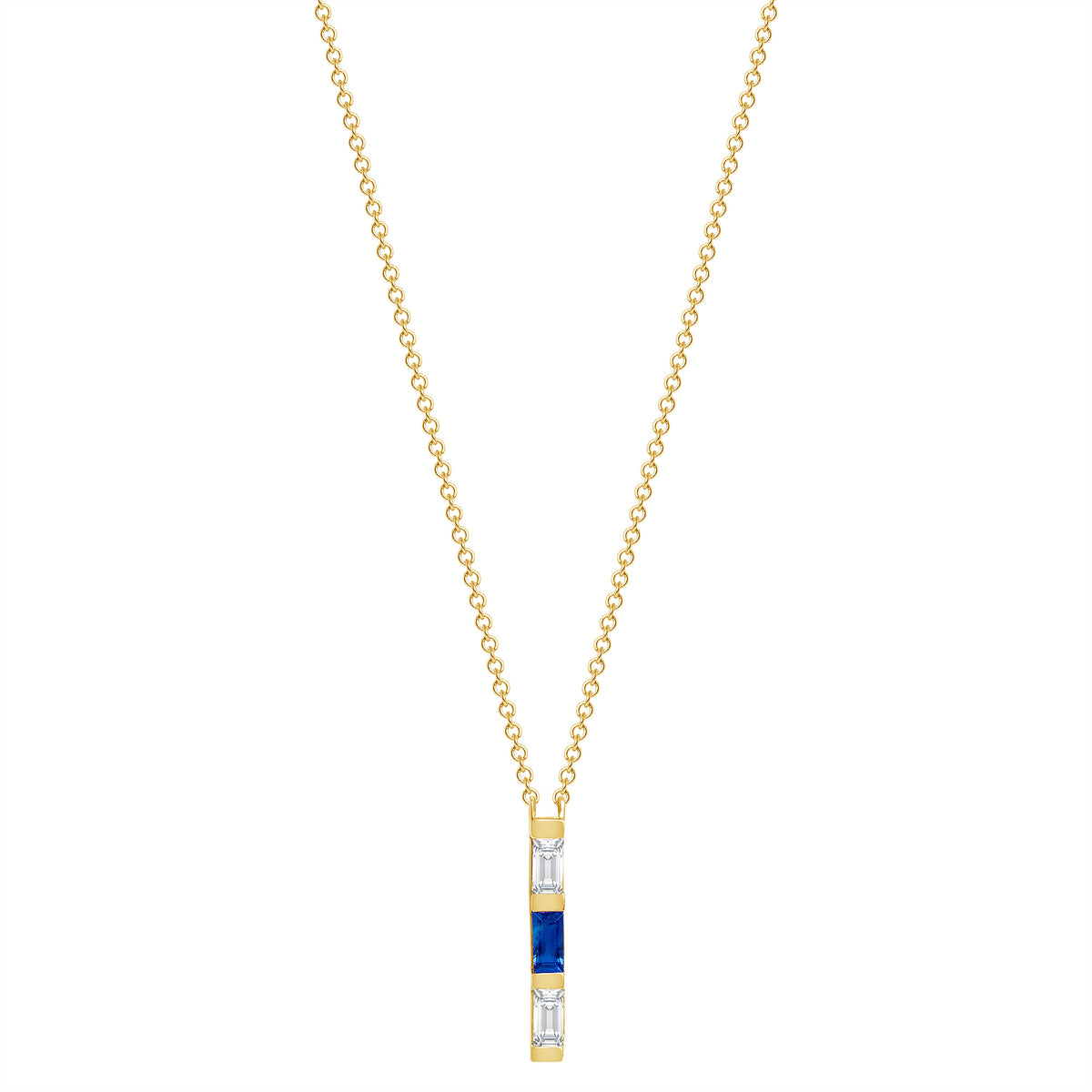 14K Yellow Gold Baguette Blue Sapphire & Diamond Bar Pendant - Abtin & Company 
