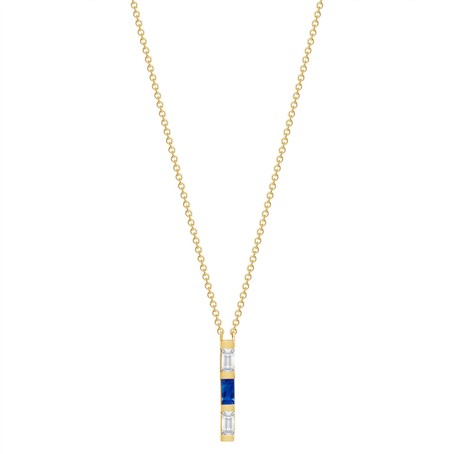 14K Yellow Gold Baguette Blue Sapphire & Diamond Bar Pendant - Abtin & Company 