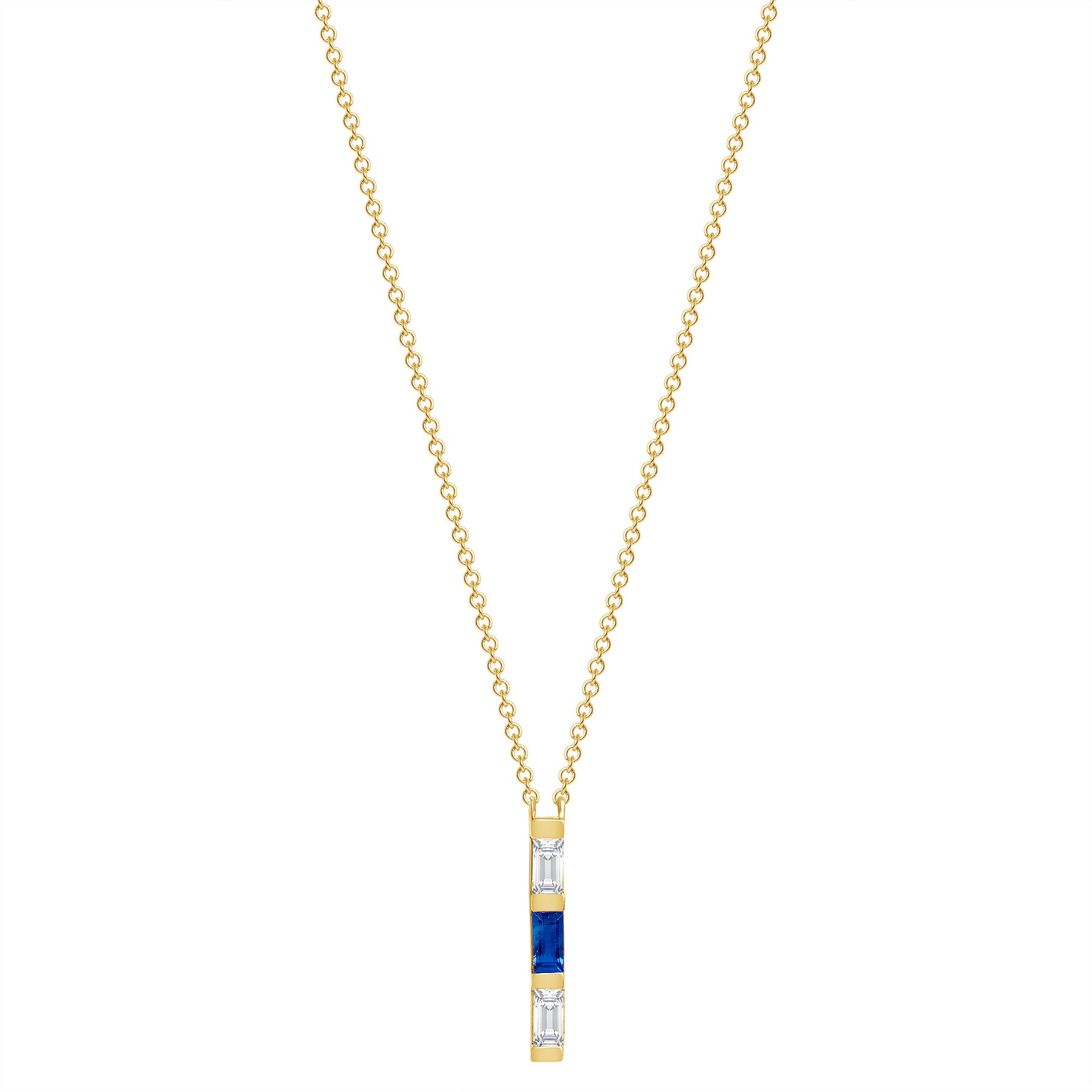 14K Yellow Gold Baguette Blue Sapphire & Diamond Bar Pendant - Abtin & Company 