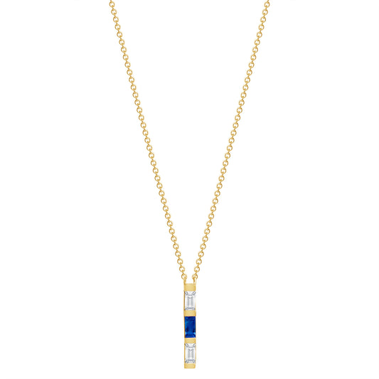 14K Yellow Gold Baguette Blue Sapphire & Diamond Bar Pendant - Abtin & Company 