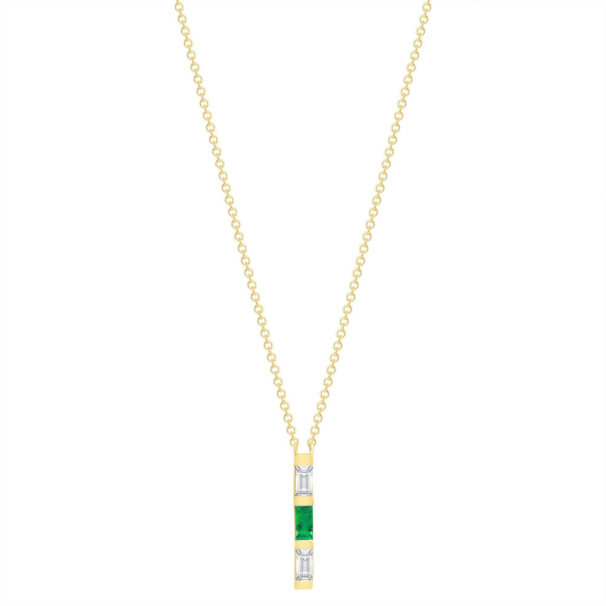 14K Yellow Gold Baguette Emerald And Diamond Vertical Bar Pendant - Abtin & Company 