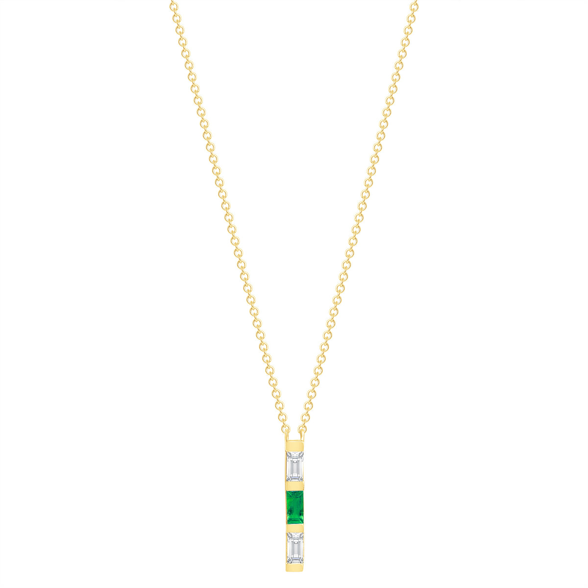 14K Yellow Gold Baguette Emerald And Diamond Vertical Bar Pendant - Abtin & Company 