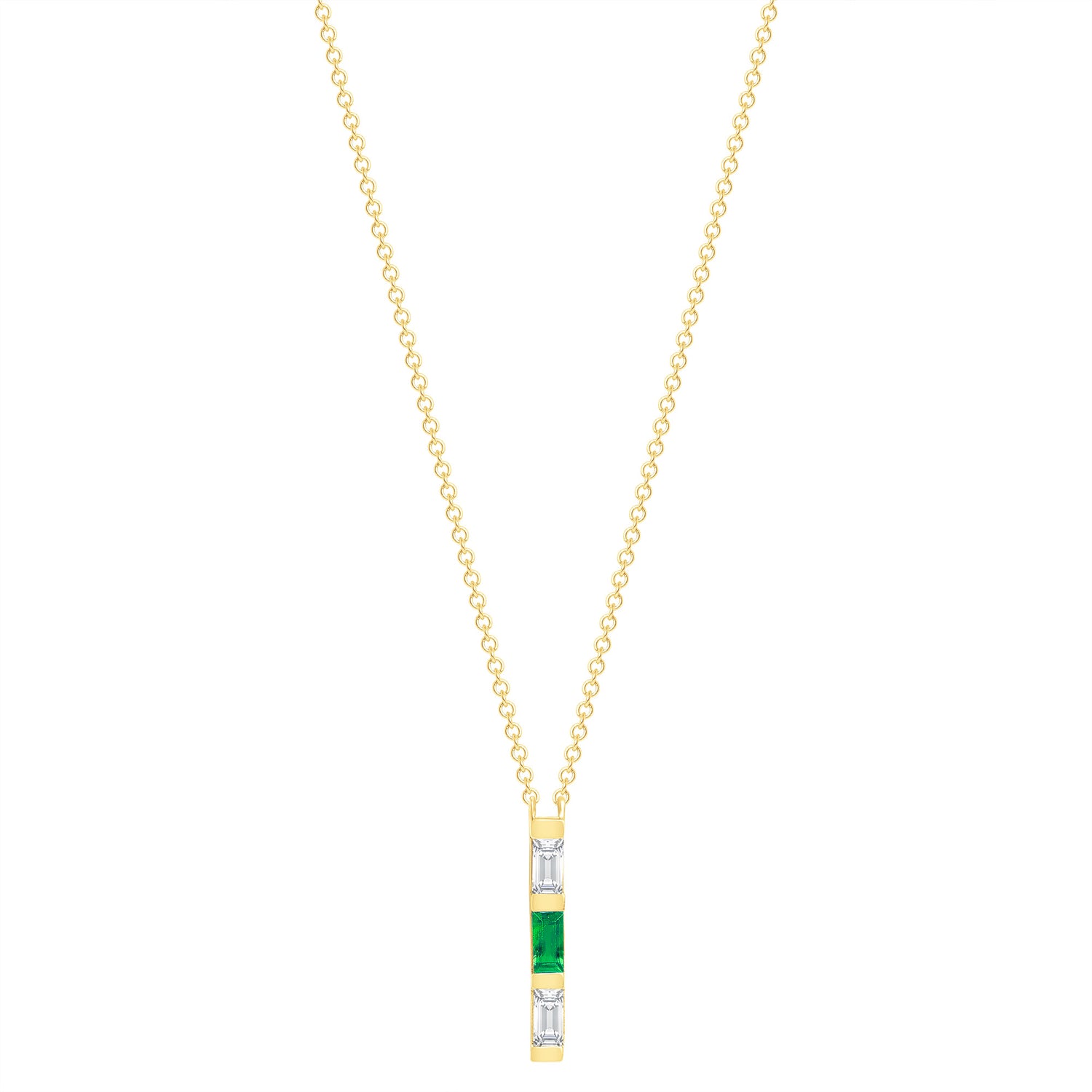 14K Yellow Gold Baguette Emerald And Diamond Vertical Bar Pendant - Abtin & Company 