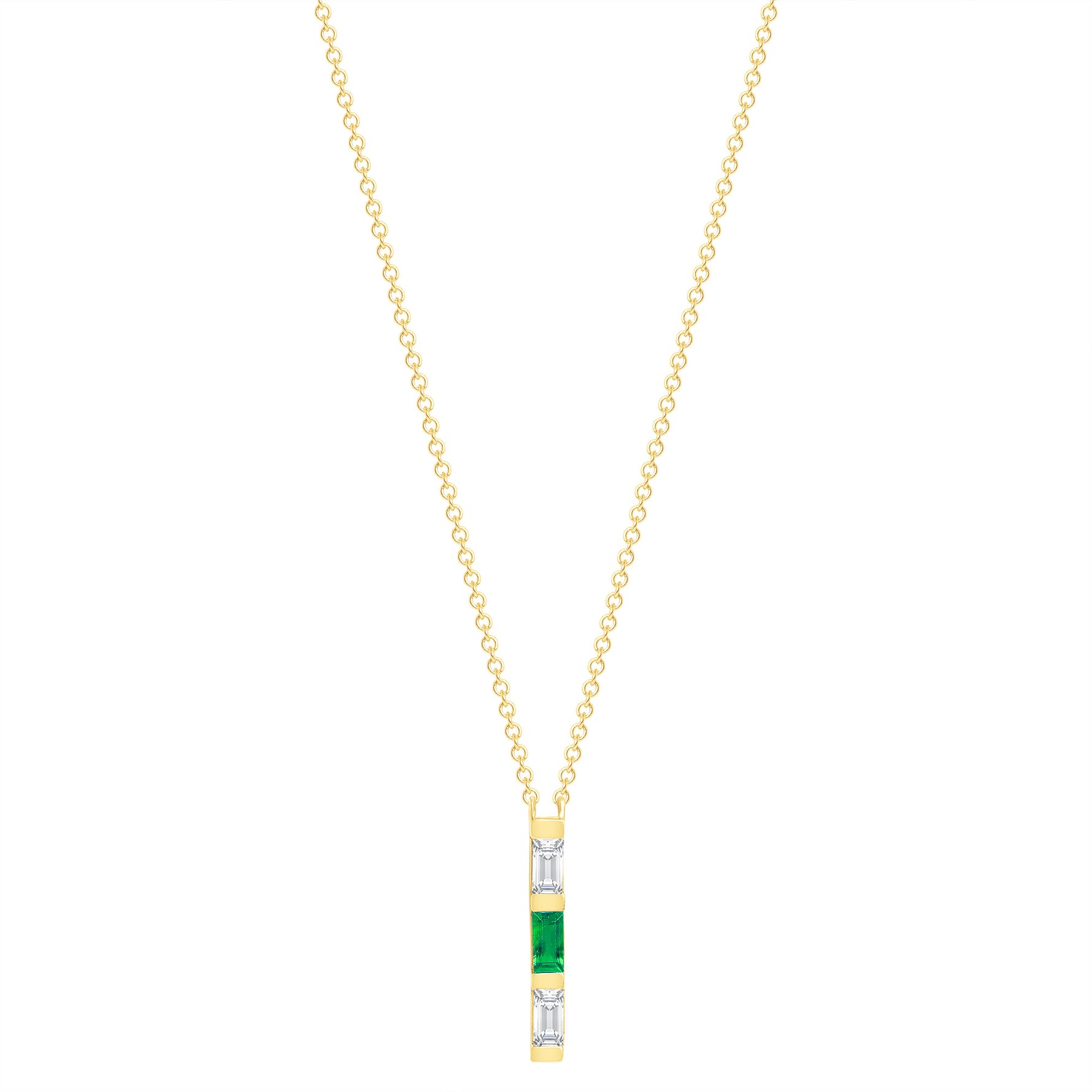 14K Yellow Gold Baguette Emerald And Diamond Vertical Bar Pendant - Abtin & Company 