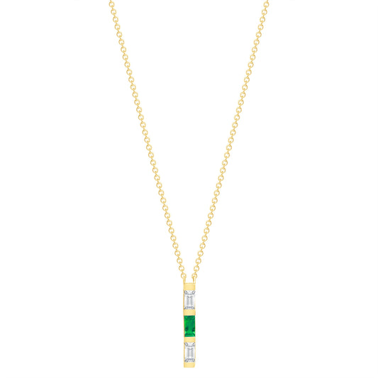 14K Yellow Gold Baguette Emerald And Diamond Vertical Bar Pendant - Abtin & Company 