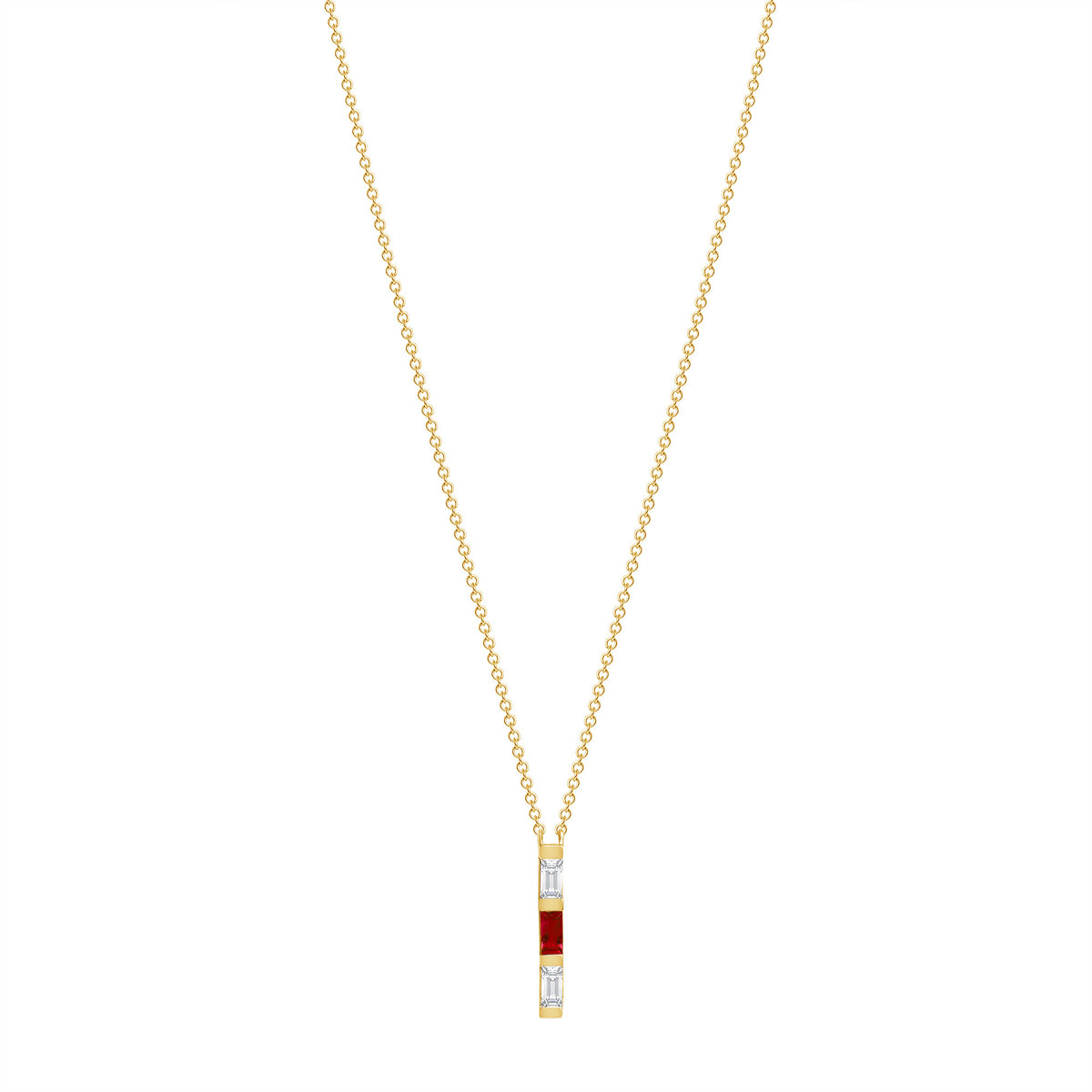 14K Yellow Gold Baguette Ruby & Diamond Vertical Bar Pendant - Abtin & Company 