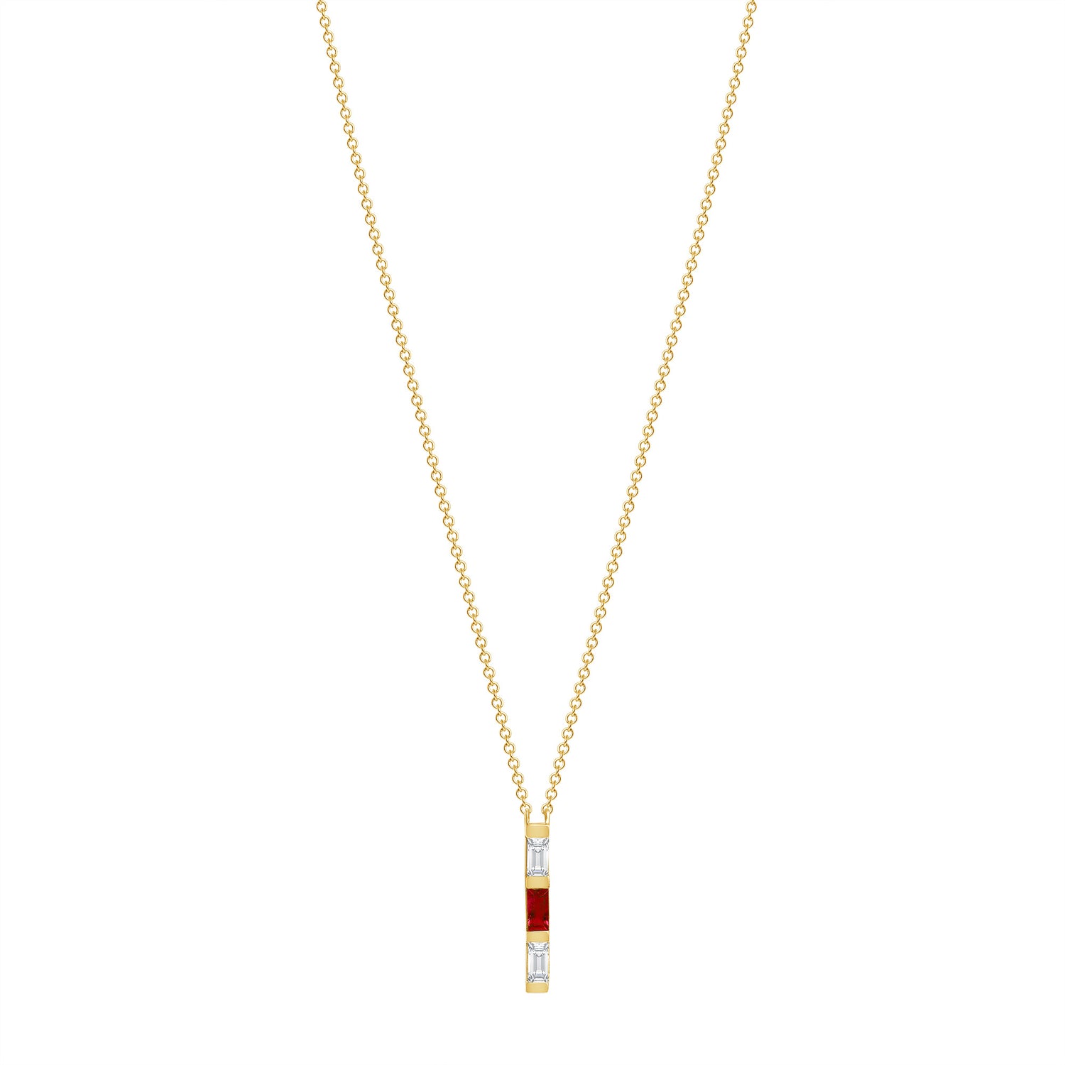14K Yellow Gold Baguette Ruby & Diamond Vertical Bar Pendant - Abtin & Company 