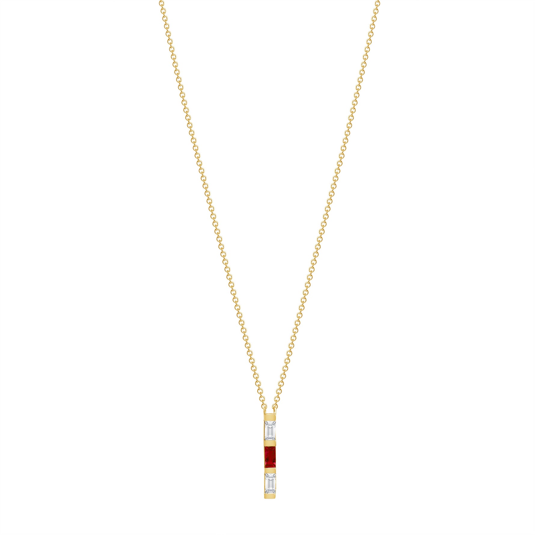14K Yellow Gold Baguette Ruby & Diamond Vertical Bar Pendant - Abtin & Company 