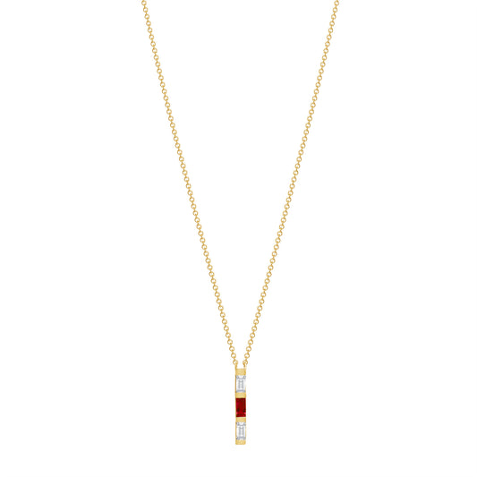 14K Yellow Gold Baguette Ruby & Diamond Vertical Bar Pendant - Abtin & Company 