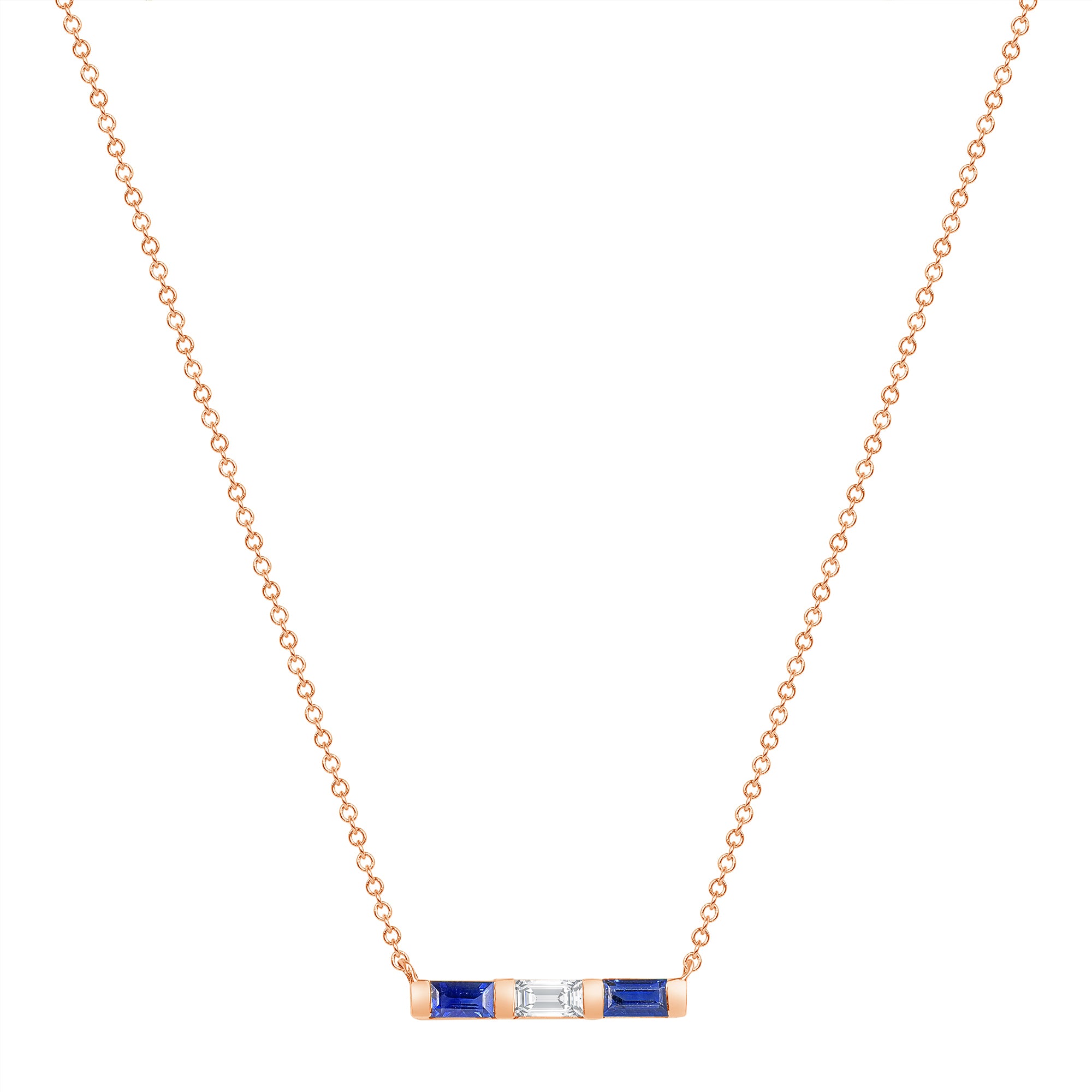 14K Rose Gold Baguette Blue Sapphire & Diamond Bar Pendant - Abtin & Company 