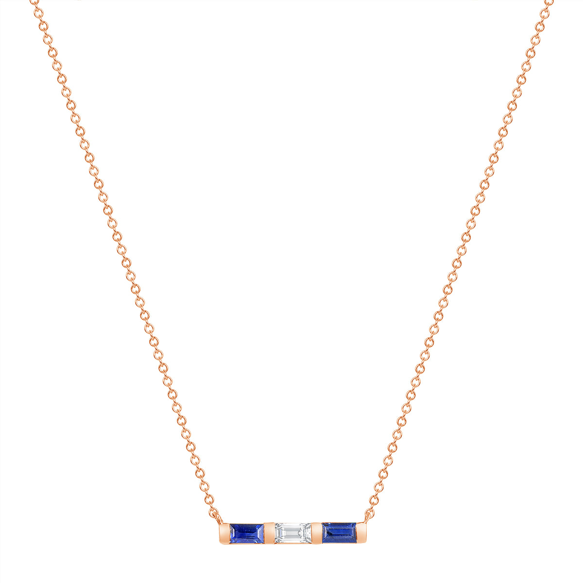 14K Rose Gold Baguette Blue Sapphire & Diamond Bar Pendant - Abtin & Company 
