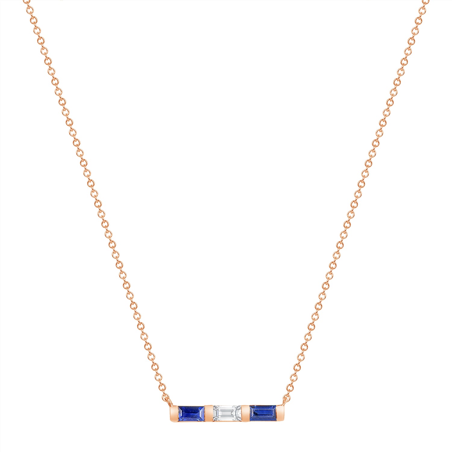 14K Rose Gold Baguette Blue Sapphire & Diamond Bar Pendant - Abtin & Company 