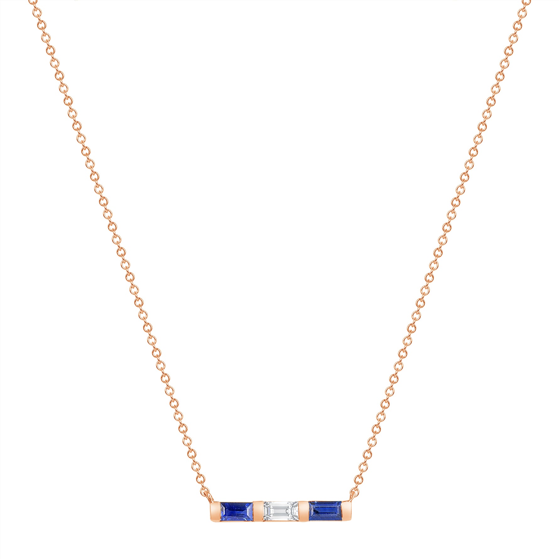 14K Rose Gold Baguette Blue Sapphire & Diamond Bar Pendant - Abtin & Company 