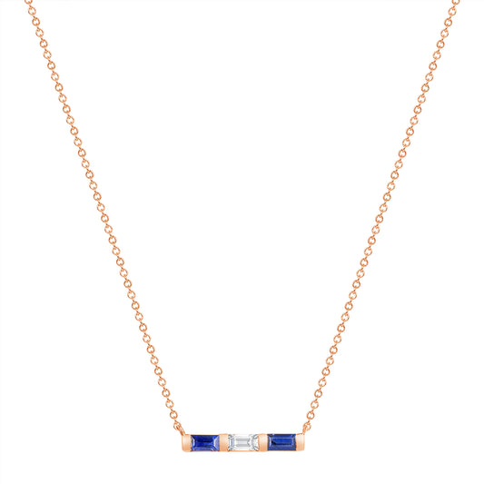 14K Rose Gold Baguette Blue Sapphire & Diamond Bar Pendant - Abtin & Company 