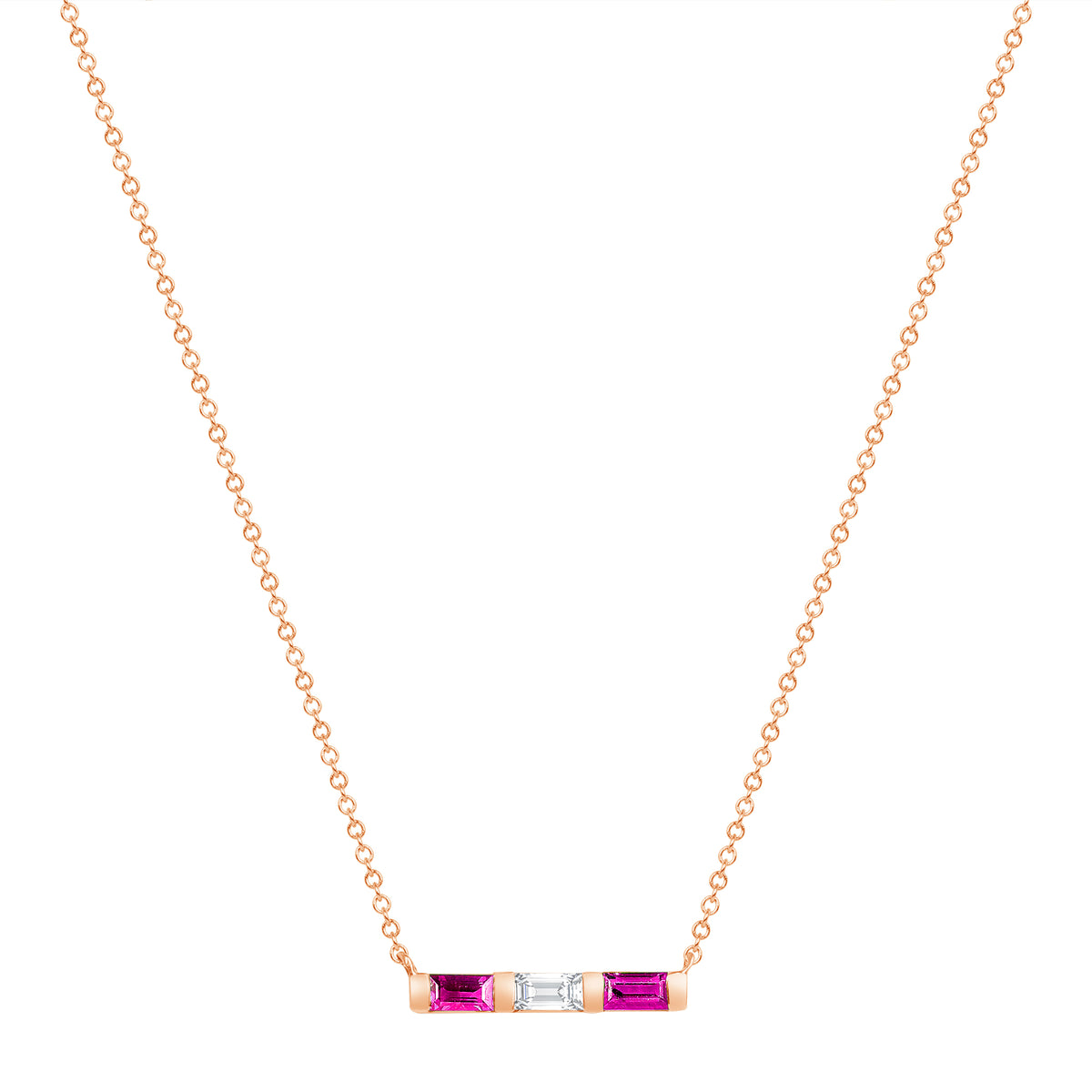14K Rose Gold Baguette Pink Sapphire And Diamond Bar Pendant - Abtin & Company 