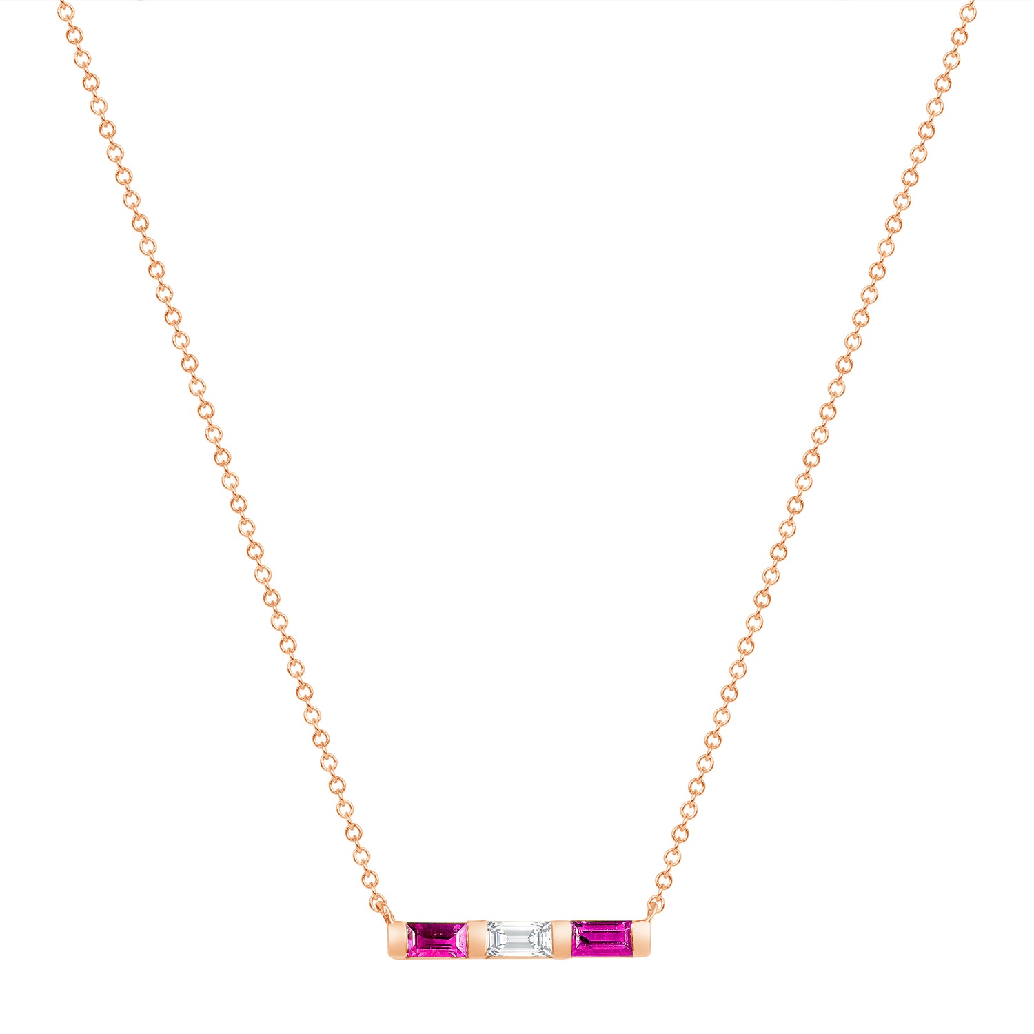 14K Rose Gold Baguette Pink Sapphire And Diamond Bar Pendant - Abtin & Company 