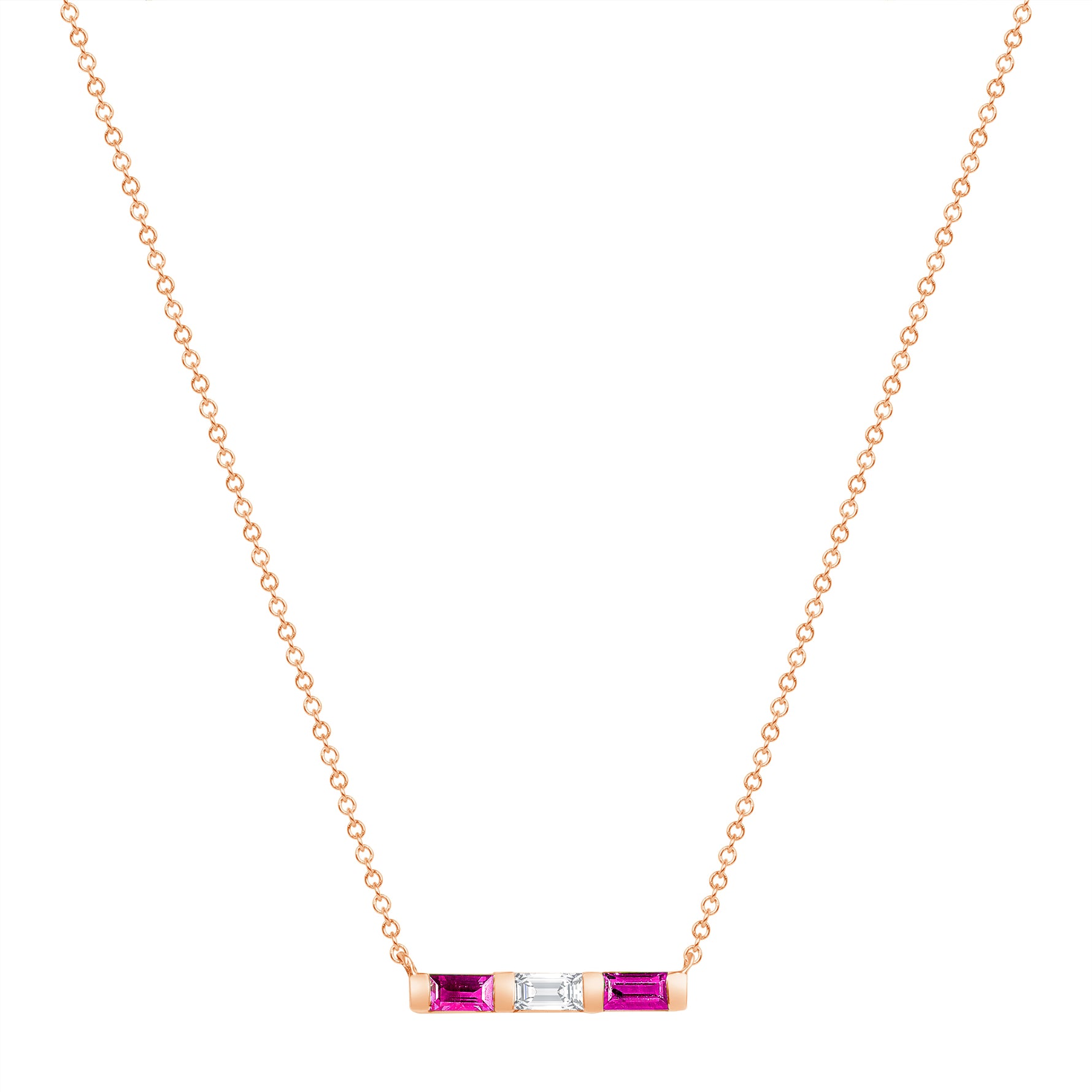 14K Rose Gold Baguette Pink Sapphire And Diamond Bar Pendant - Abtin & Company 