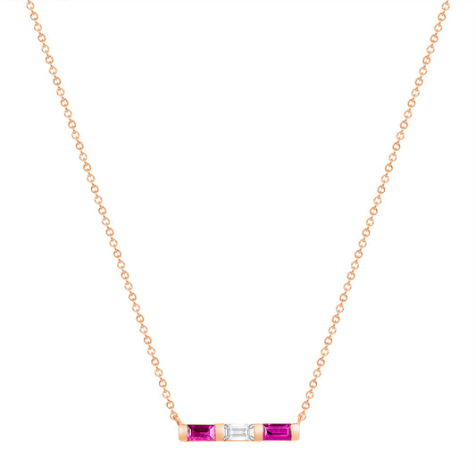 14K Rose Gold Baguette Pink Sapphire And Diamond Bar Pendant - Abtin & Company 