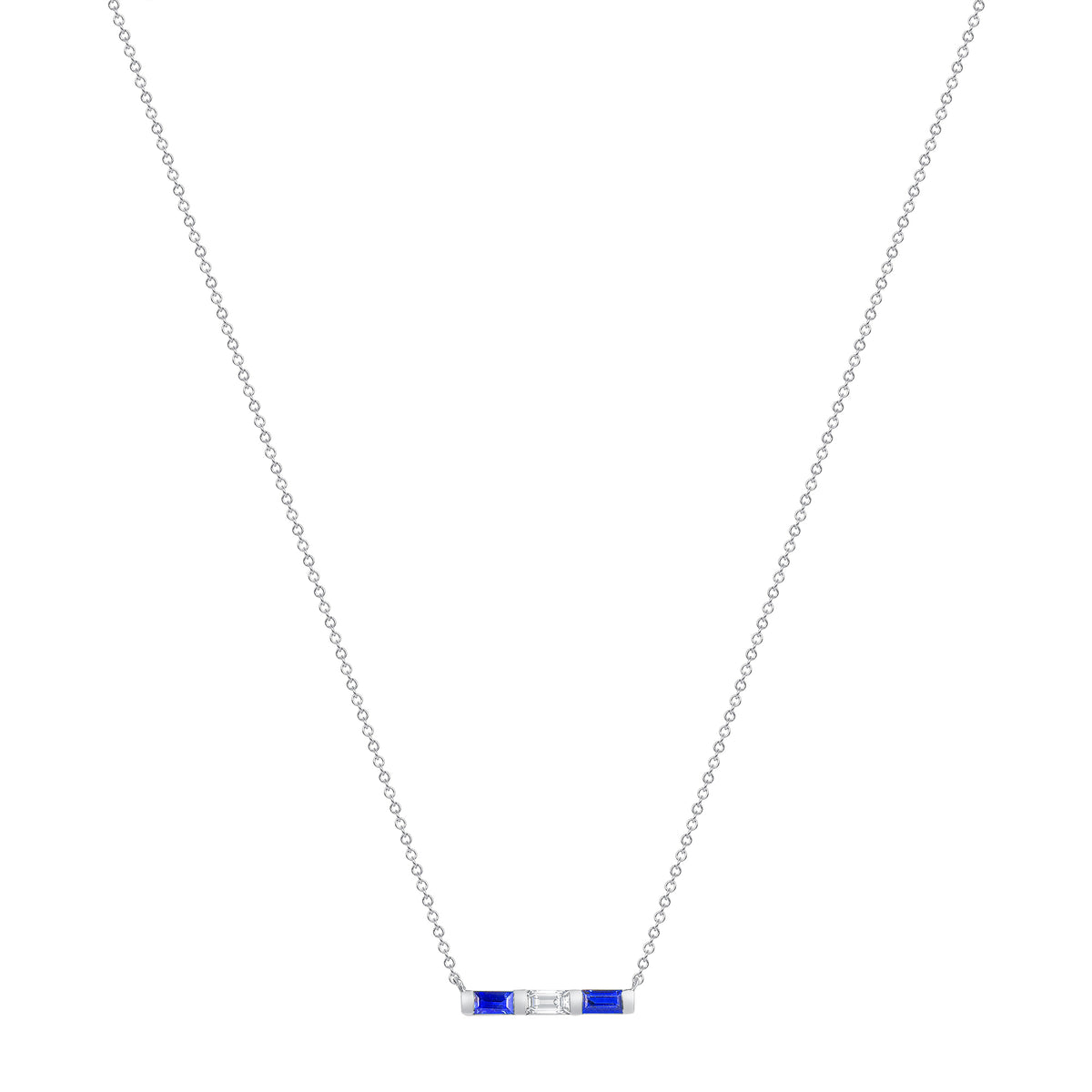 14K White Gold Baguette Blue Sapphire & Diamond Bar Pendant - Abtin & Company 
