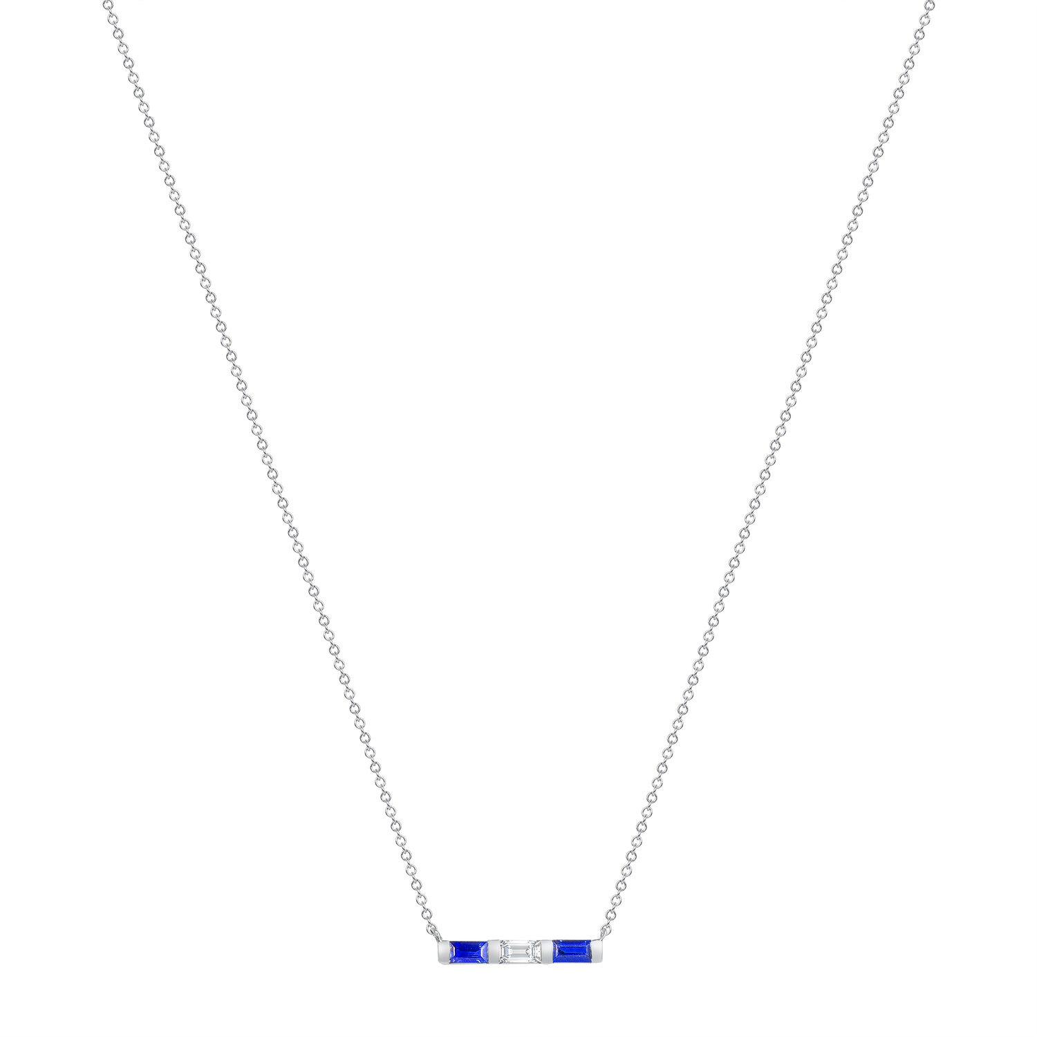 14K White Gold Baguette Blue Sapphire & Diamond Bar Pendant - Abtin & Company 