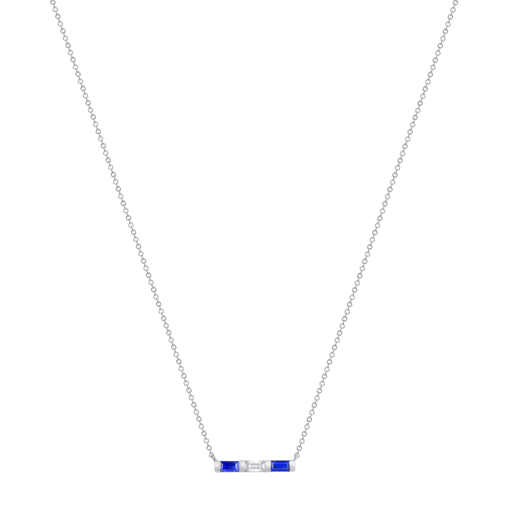 14K White Gold Baguette Blue Sapphire & Diamond Bar Pendant - Abtin & Company 