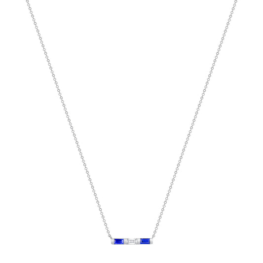 14K White Gold Baguette Blue Sapphire & Diamond Bar Pendant - Abtin & Company 