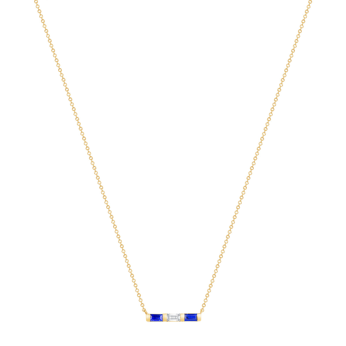14K Yellow Gold Baguette Blue Sapphire & Diamond Bar Pendant - Abtin & Company 