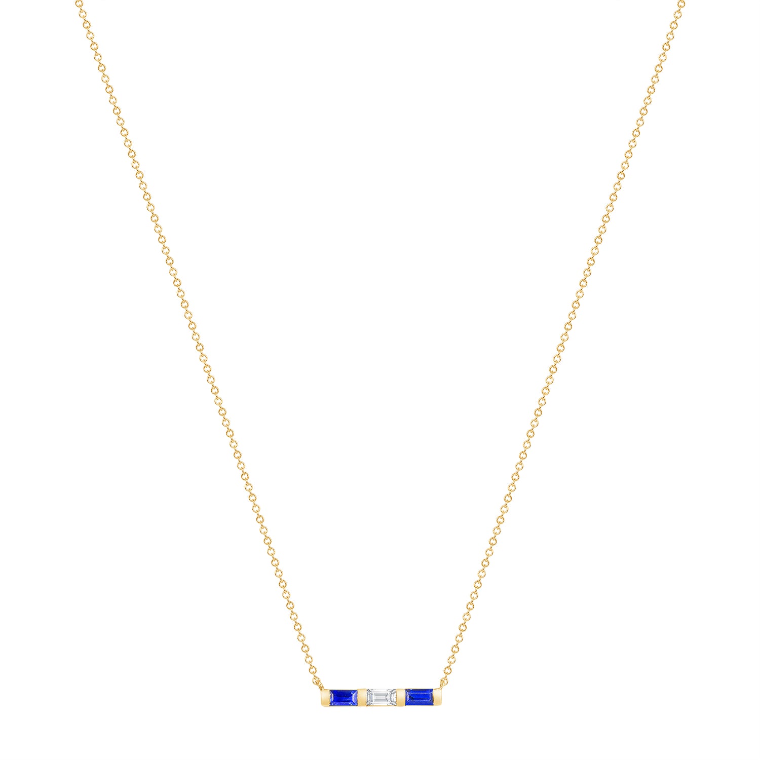 14K Yellow Gold Baguette Blue Sapphire & Diamond Bar Pendant - Abtin & Company 