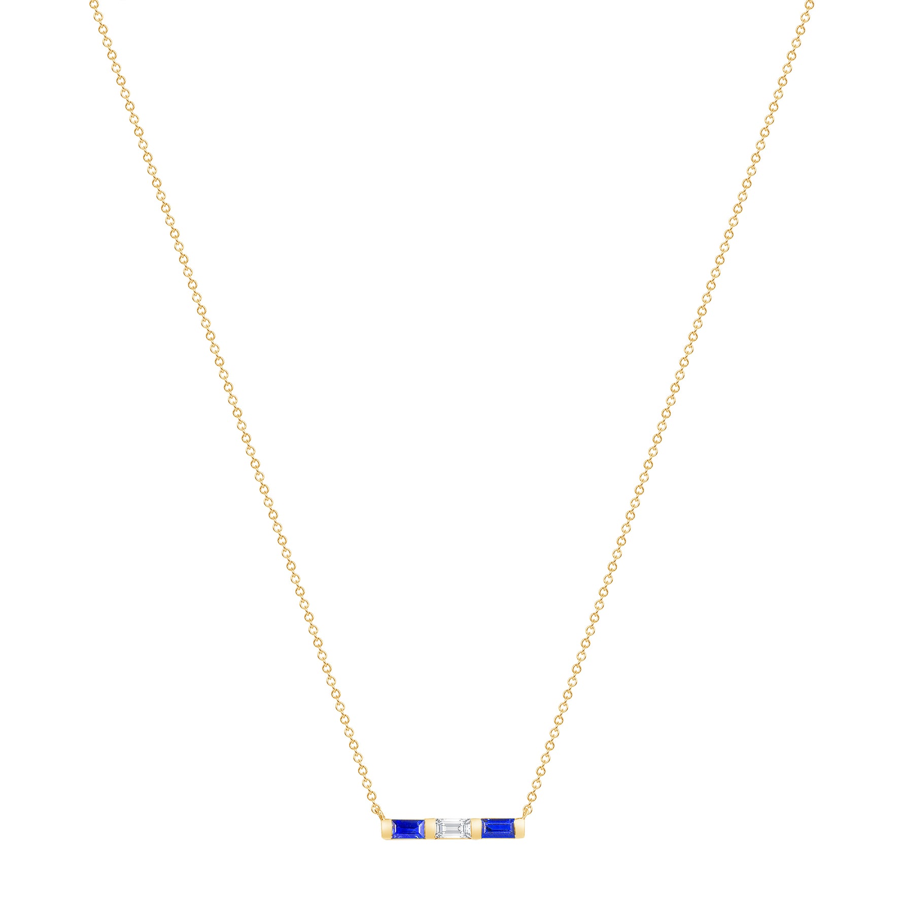14K Yellow Gold Baguette Blue Sapphire & Diamond Bar Pendant - Abtin & Company 