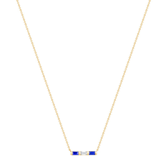 14K Yellow Gold Baguette Blue Sapphire & Diamond Bar Pendant - Abtin & Company 